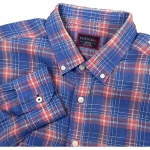 UNTUCKit Belmont Men's Medium Linen Blue Plaid Long Sleeve Button‎ Front Shirt